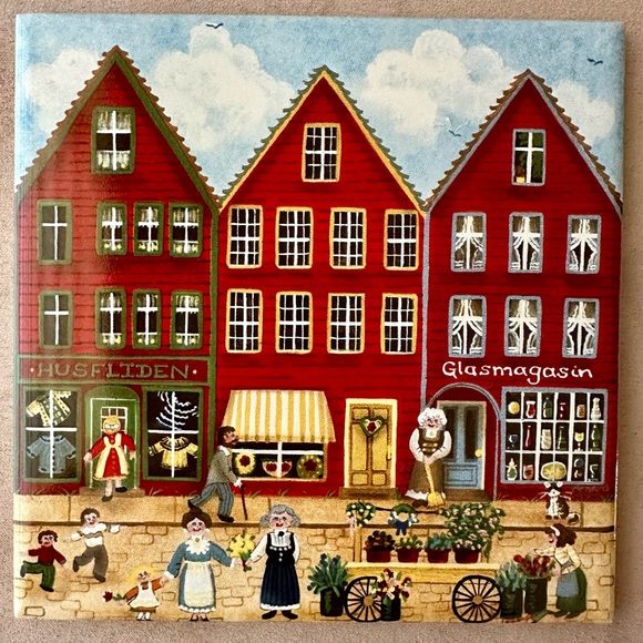 Berquist Imports Other - Bryggen Norwegian Hand Painted Trivet Tile Wall Art. Shops at port city. Vintage